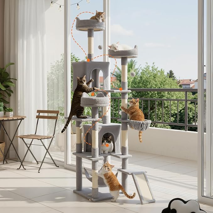 DUMOS Tall Cat Tree 75 Inch, Large Multi-Level Cat Tree Tower with Condo, Perches, Sisal Scratching Posts Board and Hammock, Pet Play House with Dangling Balls for Indoor Cats, Light Grey
