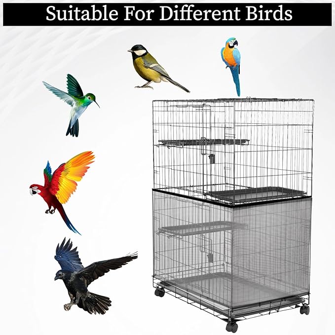 2PCS Bird Cage Cover, Bird Cage Seed Catcher, Birdcage Cover Skirt, Airy Nylon Guard Net for Parrot Parakeet Macaw Round Square Cages (Black, 110-220 cm/43.31-86.61 in)