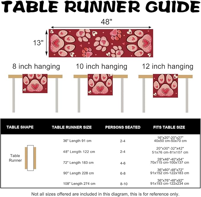 Valentines Day Dog Cat Paw Prints Table Runner, Red Love Hearts Kitchen Dining Table Decoration Pet Lover Gift, Anniversary Wedding Burlap Indoor Outdoor Home Decor Party Supply 13 x 48 Inches