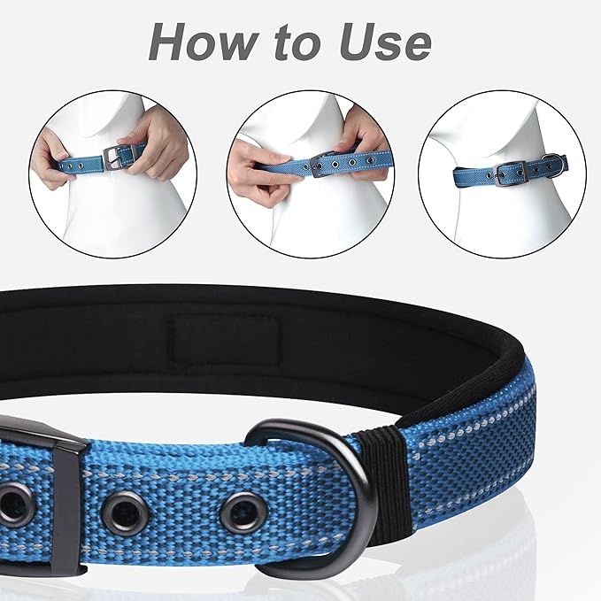 PetiFine Dog Collars for Medium Dogs, Neoprene Padded and Adjustable, Reflective Wide Heavy Duty Pet Collars with Durable Metal Belt Buckle for Walking, Blue, M