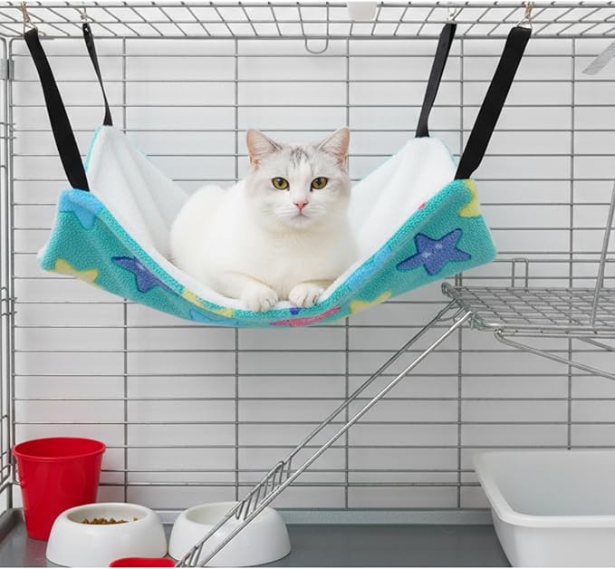8 Pcs Reversible Cat Hammock Plush Ferret Hammock Hanging Bed with Straps and Metal Hooks Cage Accessories for Indoor Kitten Puppy Rabbits Feral Animals Rehab and Shelters(Starfish Style)