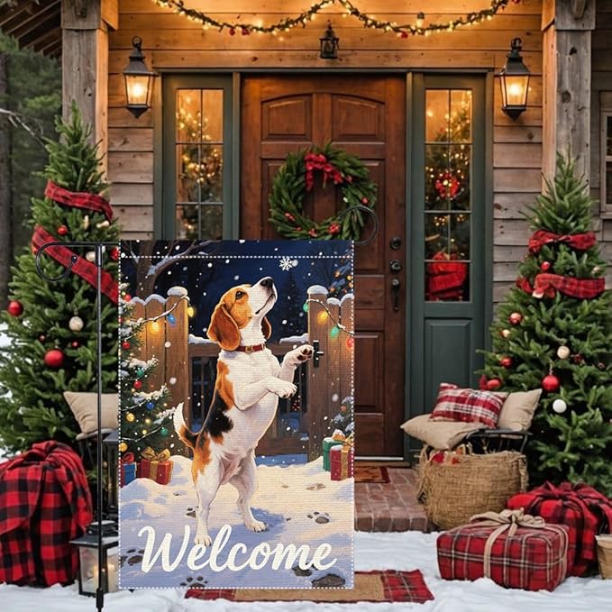 Beagle Dog Welcome Garden Flag 12x18 Inch Double Sided Christmas Burlap Yard Banner for Winter Holiday Outdoor Decor Farmhouse Seasonal Pet Decoration