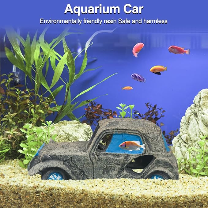 Aquarium Decorations for Fish Tank - Realistic Resin Rock Cave Hideouts, Safe Fish Tank Ornaments with Natural Design for Betta, Goldfish, Shrimp - Easy to Clean (car)