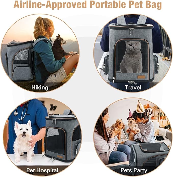 Lekereise Cat Backpack Expandable Pet Carrier Backpack for Small Cats and Dogs, Airline-Approved Foldable Dog Carrier Backpack with Inner Safety Leash, Grey