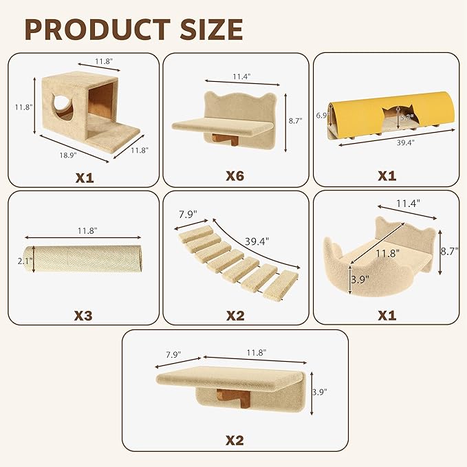16-in-1 Cat Wall Shelves, Wall Mounted Cats Furniture Set w/Plush Fabric, Cat Climbing Wall Systems, Cats Shelf with 40''L Tunnel, Condos, House, Steps, Bridge Ladder & Scratching Post, Beige