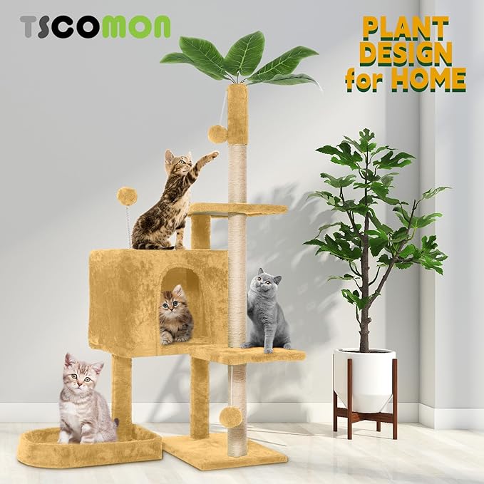 52in Multi-Level Cat Tower with Sisal Scratching Posts, Hidden Cave & Perch Platform, Large Cat Condo for 1-3 Cats, Eco-Friendly Pet Furniture with Realistic Leaves, Beige