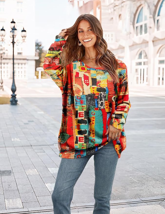 YESNO Women Christmas Sweater Graphic Printed Oversized Pullover Sweaters Casual Loose Knit Tops S01