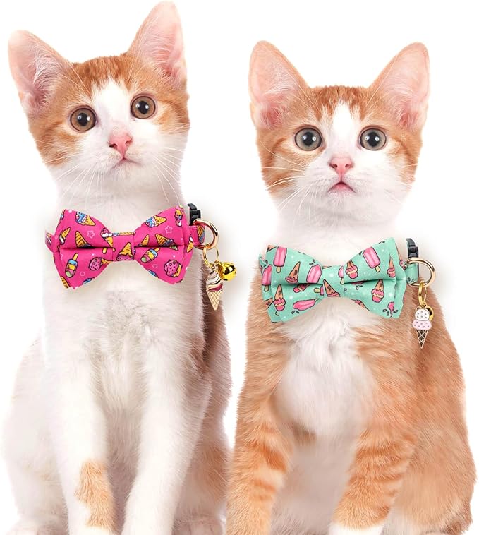 2 Pack Cotton Cat Collar with Bow Tie and Bell for Girl Boy Cats,Cute Pink Flamingo and Blue Whale Pattern Spring Summer Breakaway Cat Collar for Male Female Cats (Ice Cream)
