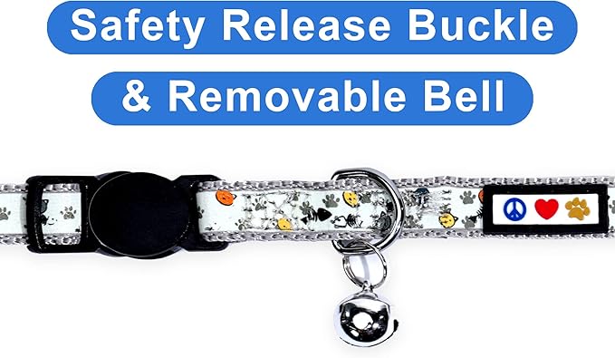 Pawtitas Glow in The Dark Cat Collar with Breakaway Safety Buckle & Bell Adjustable Kitten Collar, Grey