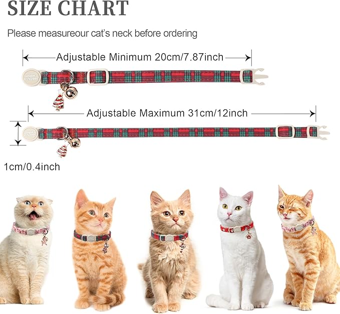 Unique style paws 2 Pack Christmas Kitten Collar Breakaway with Bell&Pendant, Adjustable Safety Red Green Scottish Plaid Cat Cotton Collar for Girl Boy Cat and Small Pet