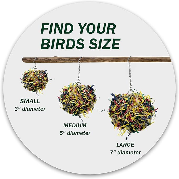 7” Super Shredder Ball Bird Toy - Fun Foraging Toys for Birds w/ Colorful Paper & Wooden Treasures - Easy to Hang Shredding Toys for Birds - Bird Shredding Toys for Cockatiels, Parrots & More
