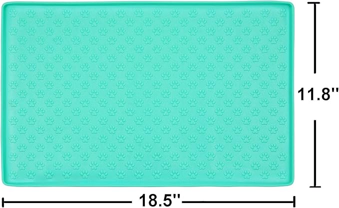 Silicone Cat & Dog Bowl Mat, Non-Slip Pet Feeding Mat - Waterproof Dog & Cat Placemat (18.5"x11.8", Mint Green Paw Pattern)