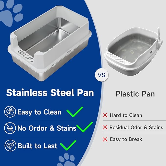 TENTIZON Stainless Steel Cat Litter Box with Lid, Large Covered Enclosed Kitty Litterbox with Hood, Flip Top, High Side, Litter Mat, Scoop for Big Cats, Kitten, No Odor, No Mess, Easy Clean