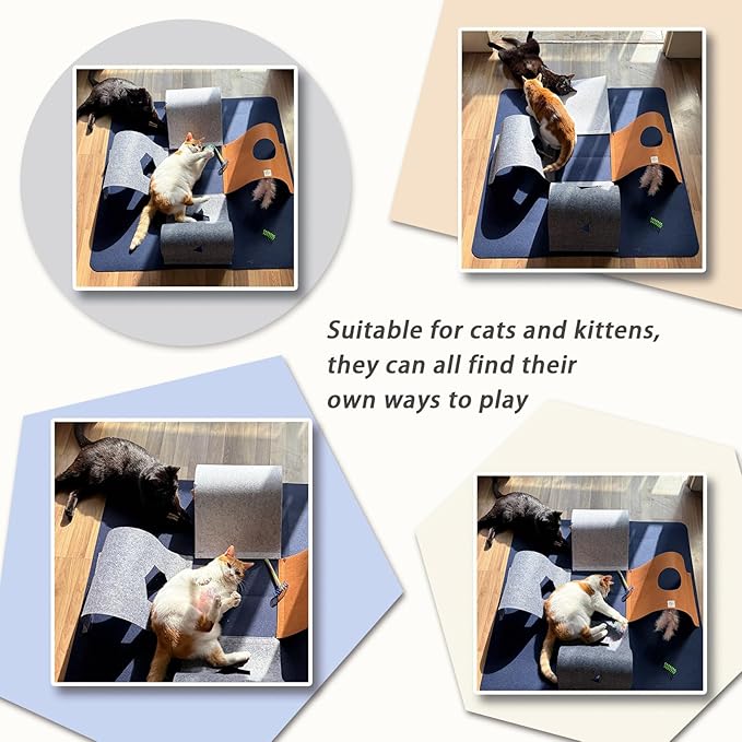Cat Tunnel Mat for Indoor Cats,4-Way Felt Cat Tunnel Play Mat with Feathers & Bell 6 Pcs Interactive Cats Enrichment Toys Set Foldable Kittens Cave Hideout for Pet Hide & Seek(Navy Blue)