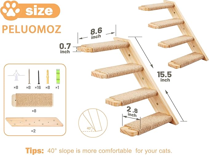 Cat Climbing Stair Shelf, Wall Mounted Ladder 2PCS 4 Steps Reversible Left & Right Direction, for Cats up to 15 Pounds, Cat Stairway with Jute Scratching Ladder Shelves for Kitten Perch Sleeping