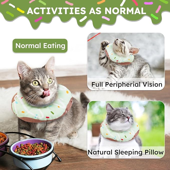 Cat Cone Collar Soft, Waterproof Cat Recovery Collars Spay Cones to Stop Licking Cute Donut E Collar After Surgery Anti-Lick Wound Healing Safety Elizabethan Collar for Kittens (Donut Green, Medium)