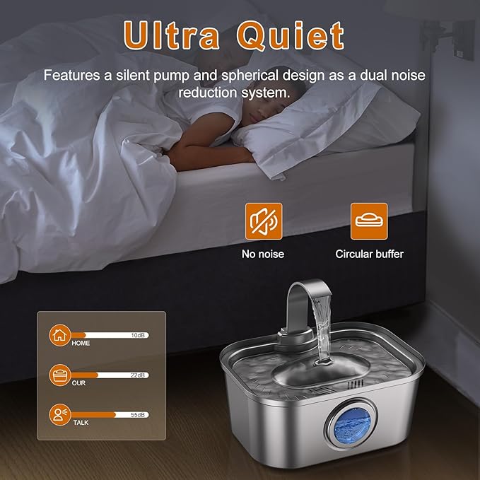 Bobo&Dragon Stainless Steel Cat Water Fountain 124oz/3.5L, Ultra Quiet Automatic Pet Water Dispenser for Multiple Cats & Dogs, 6-Layer Filtration, Smart Window, Built-in 8+8 Replacement Filters