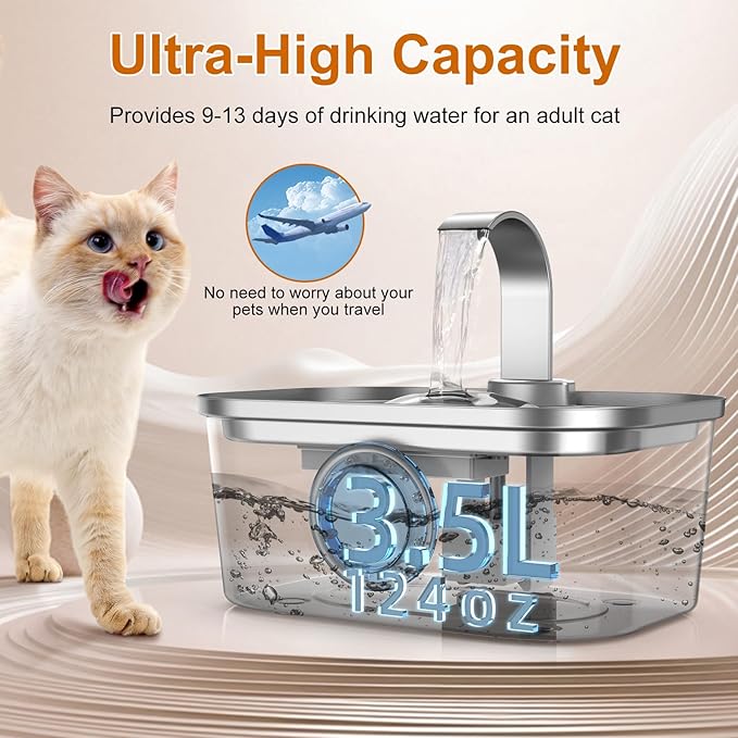 Bobo&Dragon 3.5L/124oz Stainless Steel Cat Water Fountain - Ultra-Quiet Automatic Pet Water Dispenser for Dogs & Cats, 6-Stage Filter, Smart Window & Anti-Dry Burn Pump (Includes 2+2 Filters)