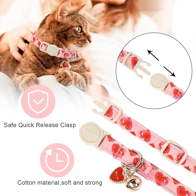 Cat Collar,2 Pack Cat Collars Breakaway with Bell, DOGWONG Safety Buckle Valentine's Day Cat Collar Pink Heart for Girl Boy Cats and Small Dogs，Adjustable 7-12 Inch,Pet Supplies Accessories
