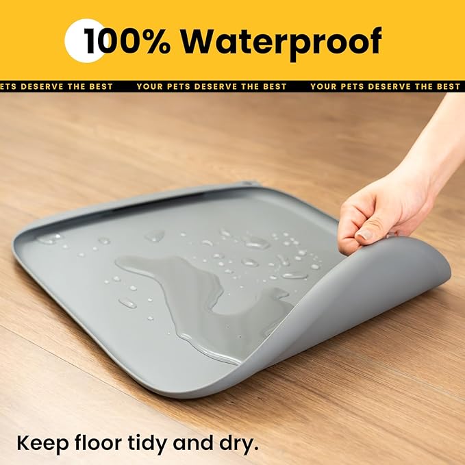 Silicone Dog Food Mat with Side Pocket & Hook Hole, Soft Raised Edges, Easy Clean Waterproof Non-Slip Pet Feeding Mat for Cats and Dogs Water Bowl, Pets Accessories(24"x16",Grey)