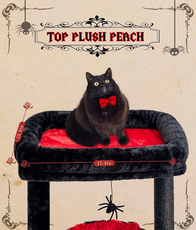 SYANDLVY Gothic Cat Tree with Coffin Bed for Indoor Cats, Activity Cat Tower with Scratching Post for Kittens, Cat Condo Furniture with Basket & Spider Hanging Ball for Play Rest
