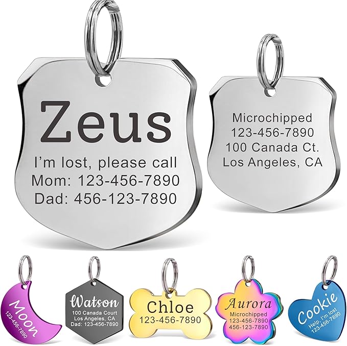 Anavia Personalized Pet ID Tags, Stainless Steel Glossy Laser Engraved Dog Cat Collar Name Tags, Multiple Colors Shapes Sizes (Badge, Regular)