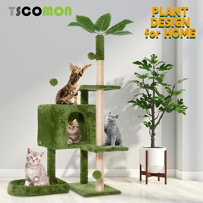 52in Multi-Level Cat Tower with Sisal Scratching Posts, Hidden Cave & Perch Platform, Large Cat Condo for 1-3 Cats, Eco-Friendly Pet Furniture with Realistic Leaves, Green