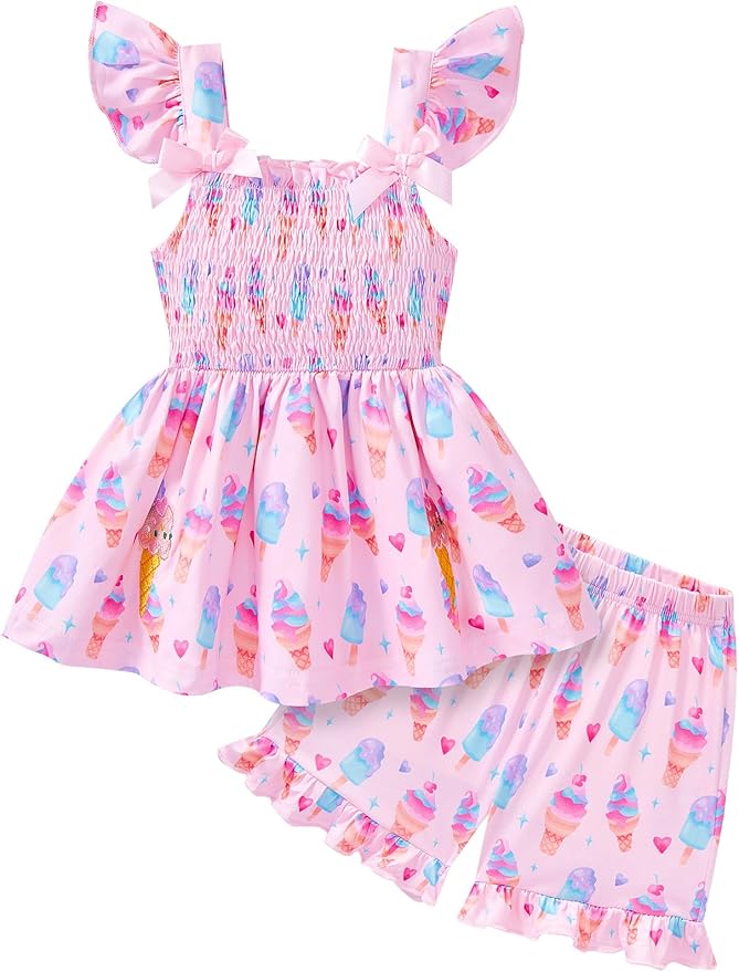 Toddler Baby Girls Summer Clothes Outfits Ruffled Sleeve Dinosaur Shirt Leopard Tops and Shorts Pants Sets 2PCS