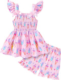 Toddler Baby Girls Summer Clothes Outfits Ruffled Sleeve Dinosaur Shirt Leopard Tops and Shorts Pants Sets 2PCS