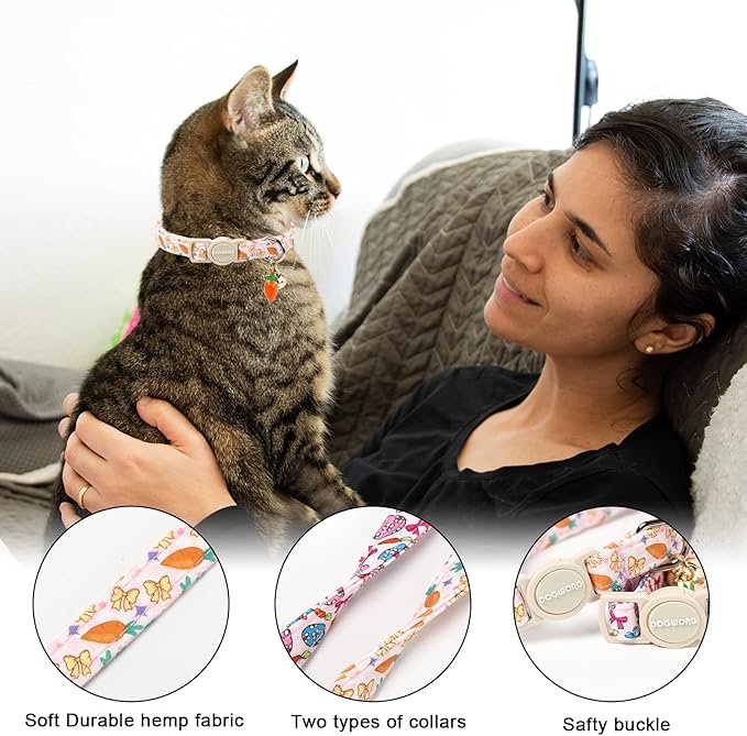 2 Pack Easter Cat Collars,DOGWONG Cute Breakaway Kitty Collars,Blue Bunny Pink Carrot Cat Collar with Bell, Easter Kitten Collars for Girl & Boy Cats