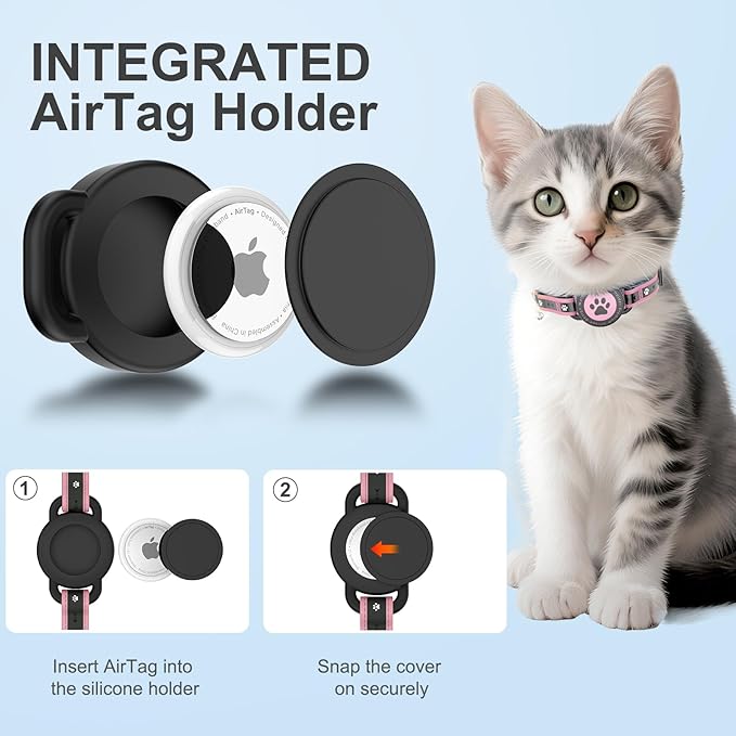 Airtag Cat Collar Breakaway, Reflective Cat Collar with AirTag Holder and Bell, Compatible with Apple Air Tag, Comfortable Padding, Adjustable, Durable (Pink, S)