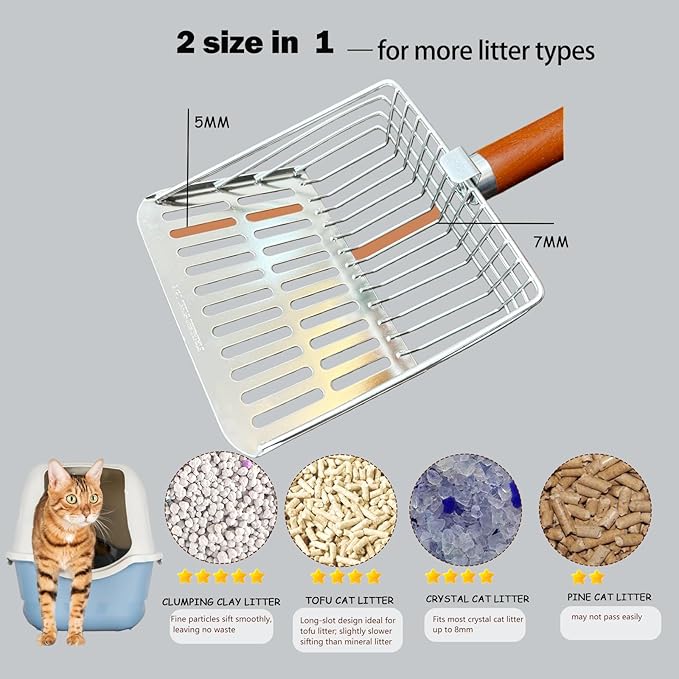 Designed for Deep Litter Boxes, Long Handle Metal Cat Litter Scoop with Holder, Keeps Hands Clean and Away from Odor, Stainless Steel
