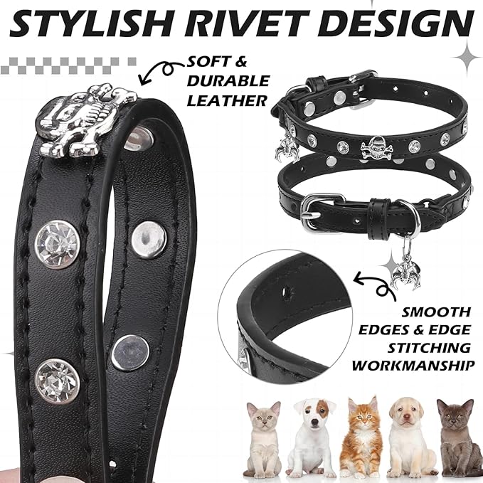 EXPAWLORER Cat Collar for Girl Boy Cats- Adjustable Leather Pet Collar with Safety Elastic Belt,Personalized Punk Accessories Buckle Collars with Bell & Durable D-Ring,White Diamond Skull