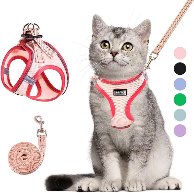 Cat Harness and Leash Set, Soft and Breathable Vest with Reflective Strip, Escape Proof Kitten Harness, Easy to Wear for Cats Walking and Traveling (Pink, S)