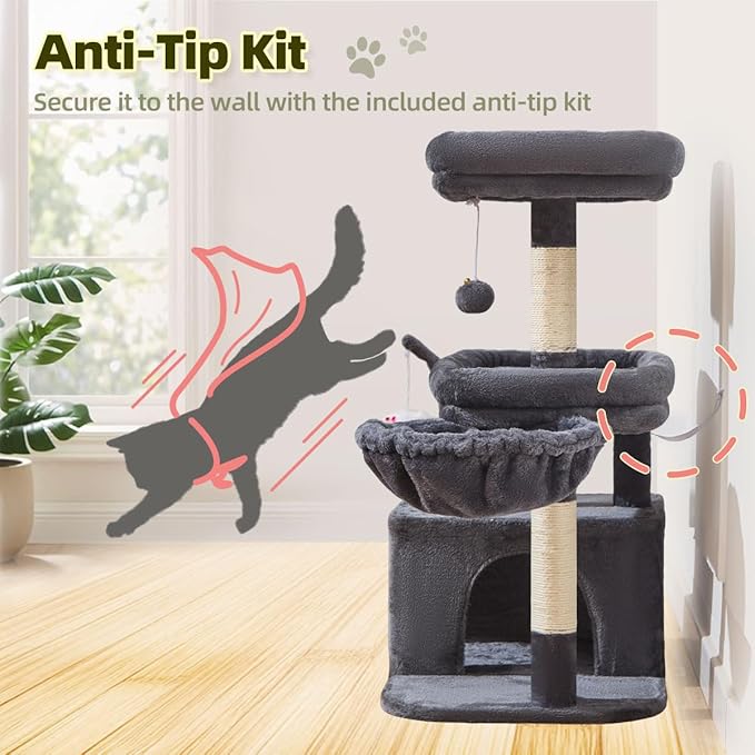 Taoqimiao MS043G Cat Tree, 32.2-Inch Cat Tower for Indoors Cats, Cat Condo with Large Cat Perch, Spacious Cat Cave, Scratching Posts for Small and Medium Cats, Smoky Gray