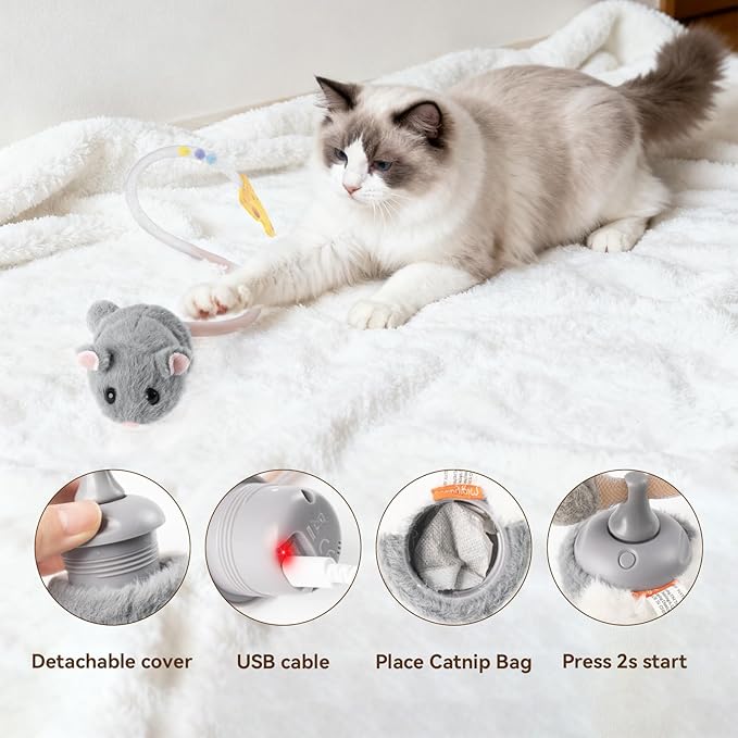 Migipaws Interactive MigiMouse Cat Toy 360° Rolling & Spin with Wiggling Tail for Indoor Cats Smart Motion Sensor, Realistic Squeak, Rechargeable Plush Kitten Toy(Grey)