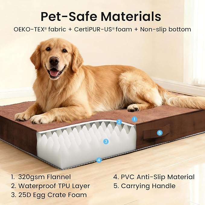 OhGeni Orthopedic Waterproof Dog Bed for Large Dogs, Machine-Washable Removable Cover in Easy-Clean Fabric, High Density Foam & Easy-Carry Handle, Suitable for Crate, 41 inch (Brown)