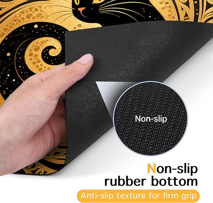Cat Feeding Mat 24x16 inch Gold Black Artistic Cat Print Pet Bowl Placemat Non Slip Floor Mat for Food and Water Indoor Kitty Feeding Station Elegant Meal Pad for Small Pets Kitchen Use