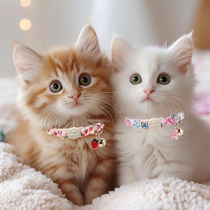 2 Pack Cotton Cat Collars - Cute Breakaway Cat Collar with Bell, Strawberry and Flower Pendant, Spring Summer Adjustable Kitten Collars for Girl Cats, Sweet Floral Fruit