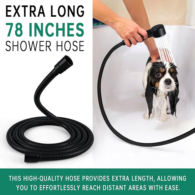 3 Mode Dog Shower Attachment, High Pressure Handheld Sprayer with ON/OFF Switch, G1/2" Metal Shower Diverter, 78 Inches Stainless Steel Hose, No Drill Hook, for Indoor Pet Bathing and Washing