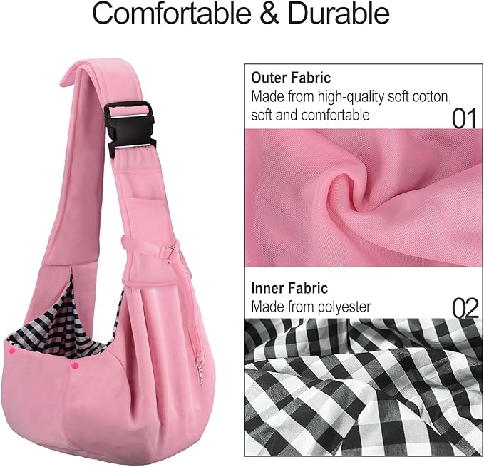 PETLOFT Reversible Dog Cat Sling Carrier, Small Dog Carrier, Adjustable Dog Sling, Hands Free Cross Body Carrier with Collar Hook for Dog/Cat/Bunny up to 11lb (Light Pink)