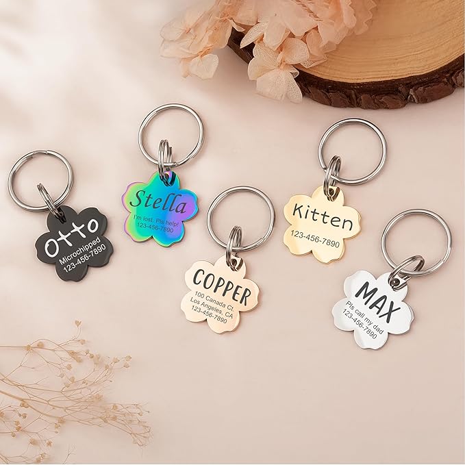 Anavia Personalized Pet ID Tags, Stainless Steel Glossy Laser Engraved Dog Cat Collar Name Tags, Multiple Colors Shapes Sizes (Cherry Blossom, Small)