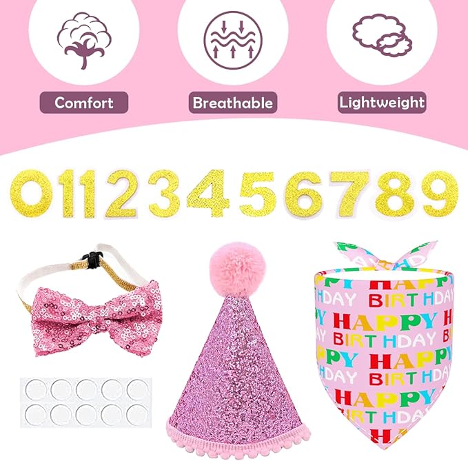 PET SHOW 4Pcs Pink Dog Birthday Hat with 11 (0-9) Numbers Happy Birthday Bandana Dogs Bowties Tutu Dress Set for Small Dogs Cats Puppy Party Wedding Supplies