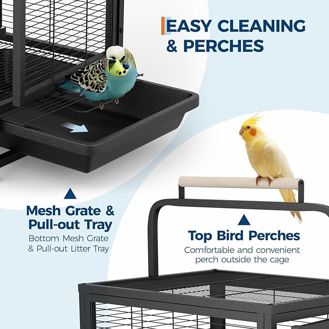 Bird Travel Carrier Cage, 19Inch Wrought Iron Small Bird Cage for Parrots Conures Lovebird Cockatiel Parakeets Black