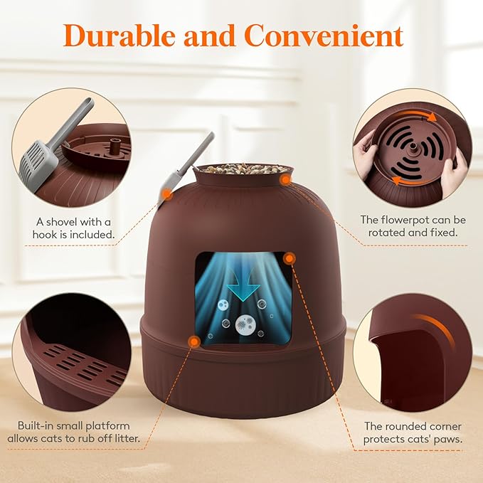 Lifewit Cat Litter Box, Hidden Enclosure Litter Tray with Odor Control & Carbon Filter in Living Room, Bedroom, Corner with Faux Plant& Plastic Scoop, 48 x 120 cm/19x47, Brown