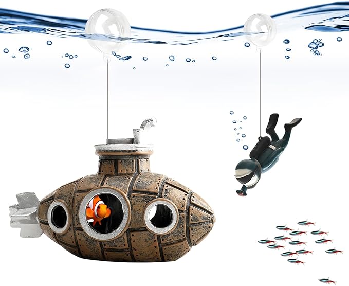 Floating Fish Tank Decoration, LittleCute Retro Submarine AquariumDecoration with Two Float Balls,Resinous Fish Tank Accessorie