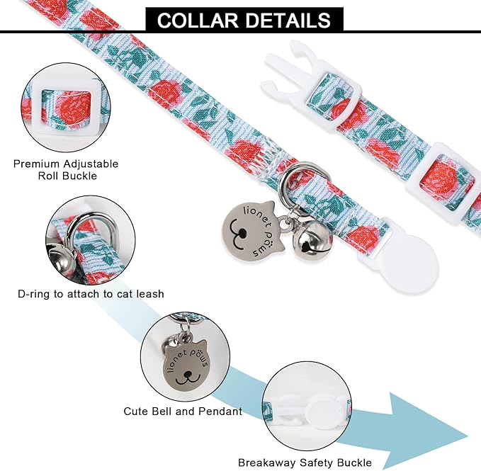 Lionet Paws 2pcs Pack Cotton Cat Collar,Breakaway Buckle with Rose Coreopsis and Brand Pendant Cute Adjustable Cat Kitten Collar,Ideal for Girl Cats