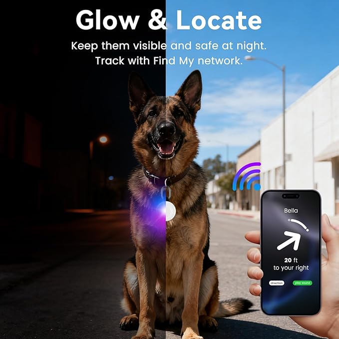2-in-1 GPS Tracker Dog Light | Smart Tracking Pet LED Light for iOS Only | IP68 Waterproof | 6 Modes Dog Collar Light for Night Walking, Camping | Works with Apple Find My, No Subscription