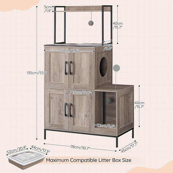 HOOBRO Cat Litter Box Enclosure Furniture, 2 in 1 Hidden Litter Box Furniture with Shelf, Double Litter Box Cabinet with 2 Dangling Plush Balls and 1 Toy Ball, Greige and Black BG78MW01