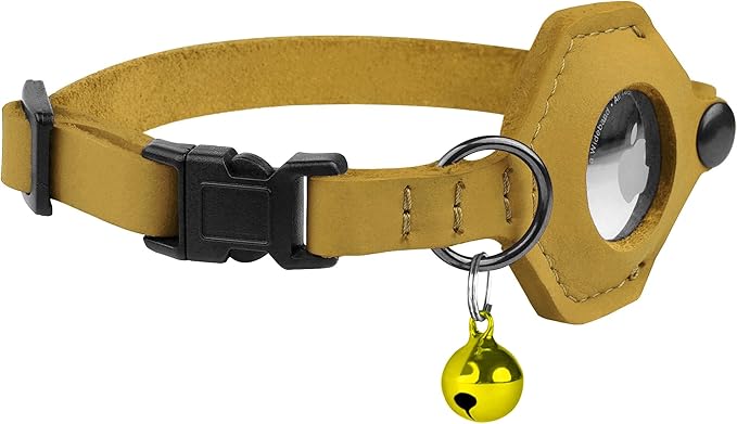 Breakaway Airtag Cat Collar with Removable Bell - Leather Pet Collar with Apple Air Tag Holder - Adjustable GPS Collars for Girl Boy Cats Kitten Puppy - Lightweight, Cute and Comfortable (Yellow)